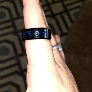 Tungsten Carbide ring with powder coating, and royal blue with celtic symbols